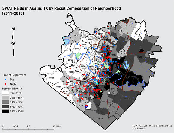 A map of SWAT Raids in Austin, TX by Racial Composition of Neighborhood.