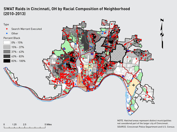 A map of SWAT Raids in Cincinnati, OH by Racial Composition of Neighborhood.