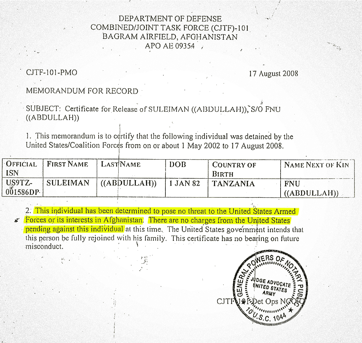 Suleiman Abdallah release document