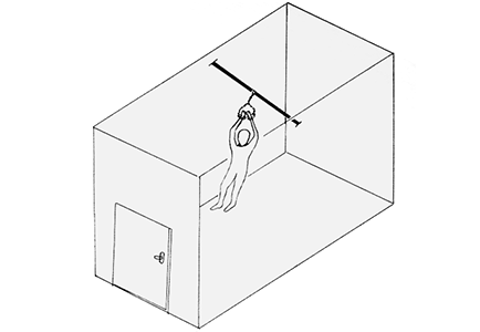 Drawing of tortured figure swinging in cell.