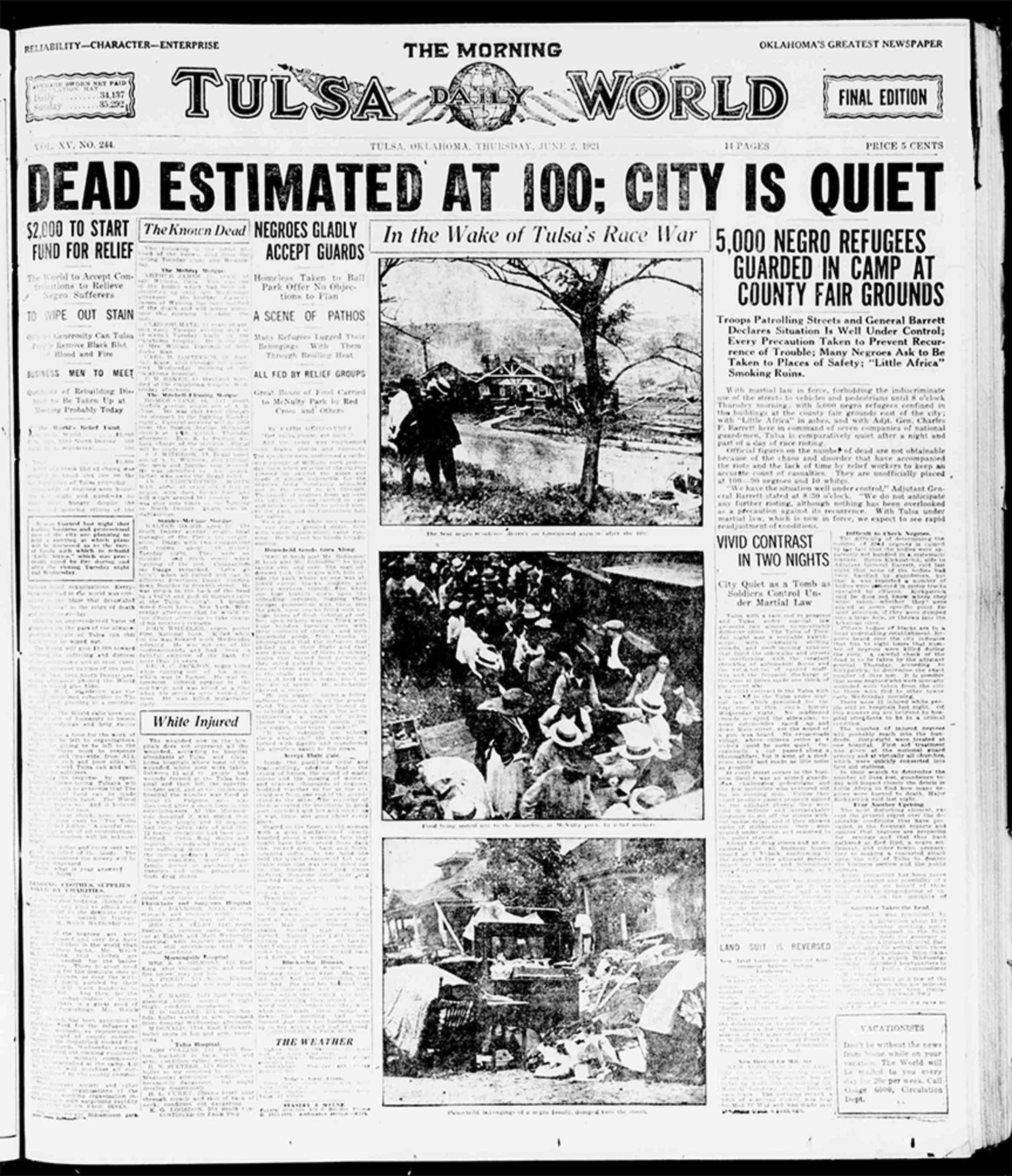 A black and white photo of a Tulsa World newspaper page, with the headline "Dead Estimated at 100: City is Quiet"