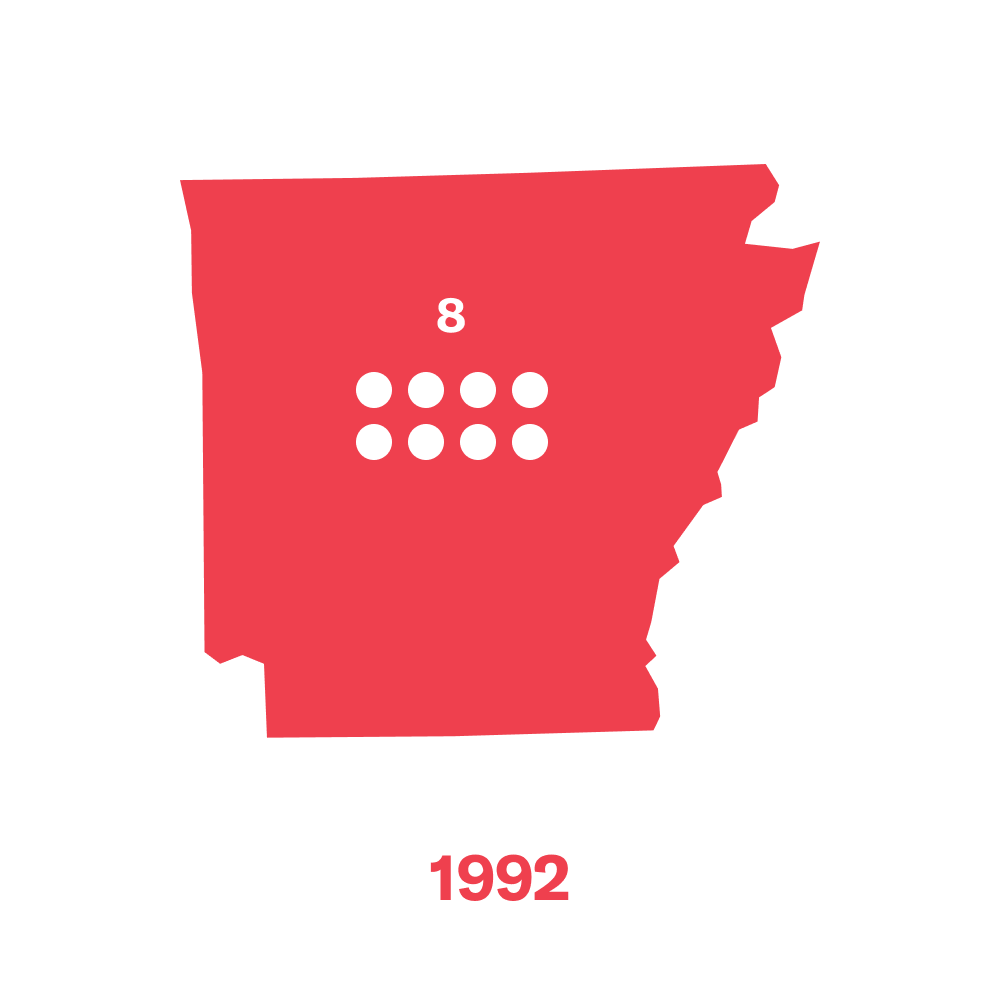 8 dots in Arkansas representing abortion clinics in 1992