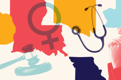 A colorful collage of states and graphics, including a gavel and stethoscope