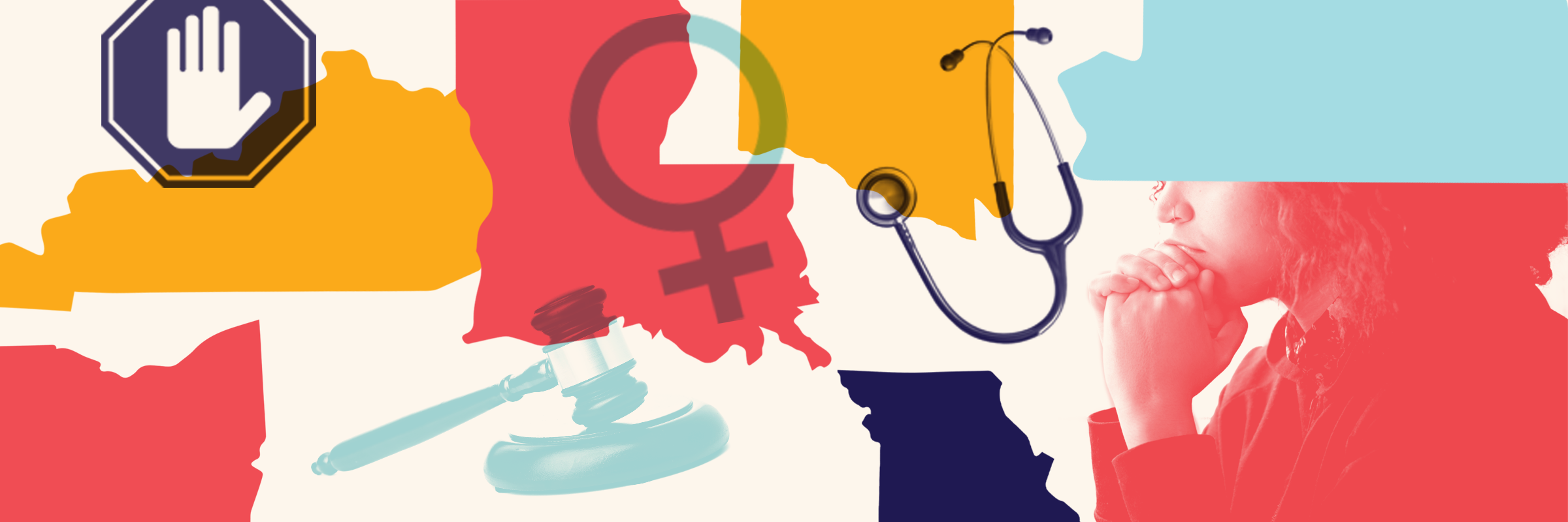 A colorful collage of states and graphics, including a gavel and stethoscope