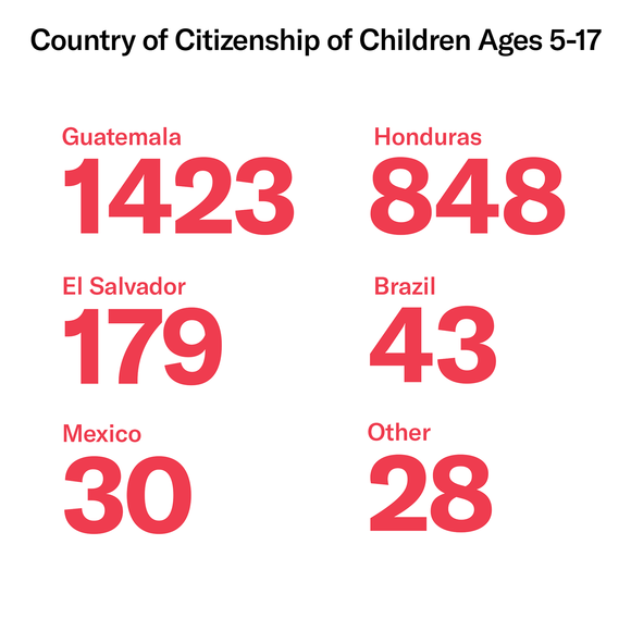 Country of Citizenship of Children ages 5-17: Guatemala 1423. Honduras 848. El Salvador 179. Brazil 43. Mexico 30. Other 28.