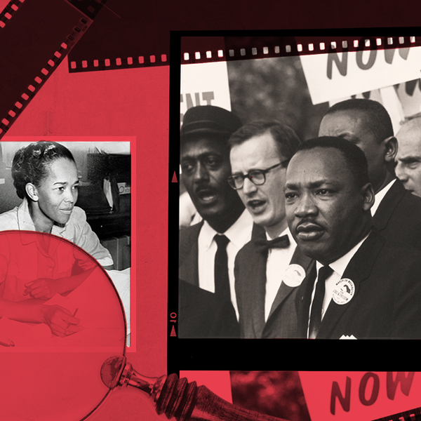 Collage featuring a magnifying glass and photos of Black activists