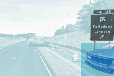 A photo illustration representing a highway exit and a gun.