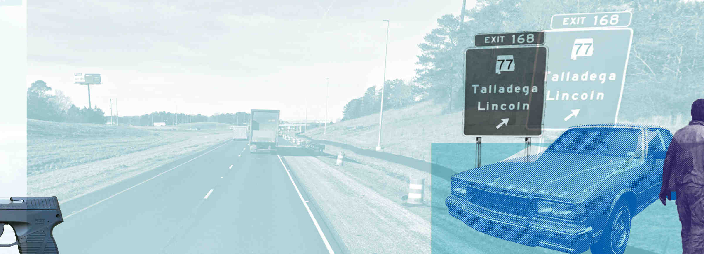 A photo illustration representing a highway exit and a gun.