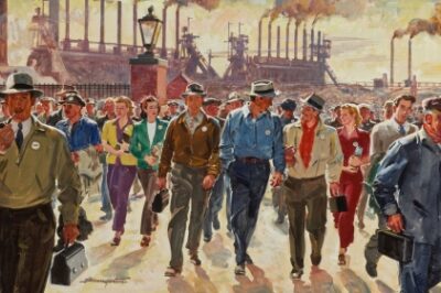 painting of crowd of workers leaving factory