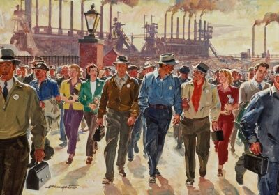 painting of crowd of workers leaving factory
