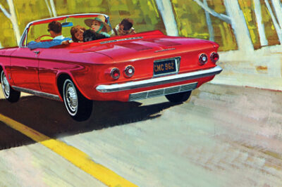 Painting of family riding in 1962 Chevrolet Corvair Monza