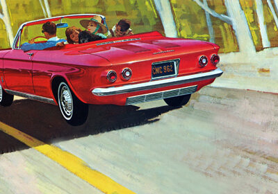 Painting of family riding in 1962 Chevrolet Corvair Monza