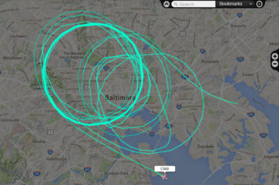Flight path over Baltimore -- screen capture from Flightradar24.com by Pete Cimbolic