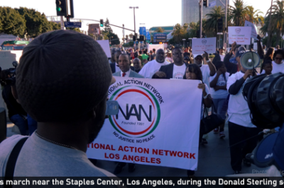 Groups march near the Staples Center, Los Angeles, to protest Donald Sterling.