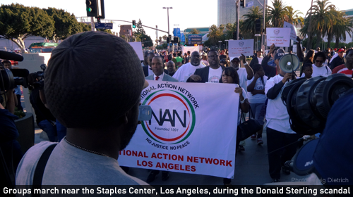 Groups march near the Staples Center, Los Angeles, to protest Donald Sterling.