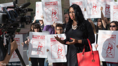 Monica Jones at a press conference
