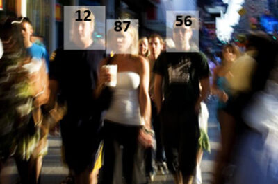 People walking on sidewalk with scores superimposed on their faces
