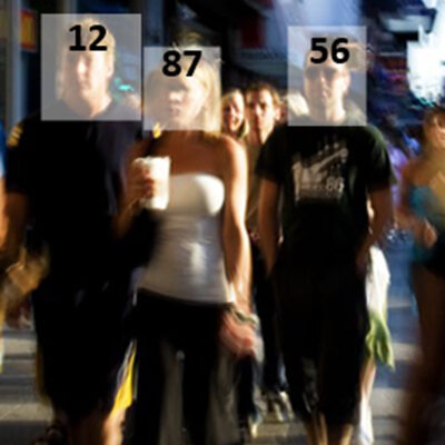 People walking on sidewalk with scores superimposed on their faces
