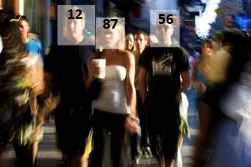 People walking on sidewalk with scores superimposed on their faces