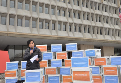 Rep Judy Chu (D-Calif.) speaks at the petition delivery
