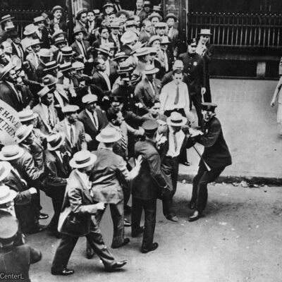 Police attempt to control a crowd in 1927 labor action