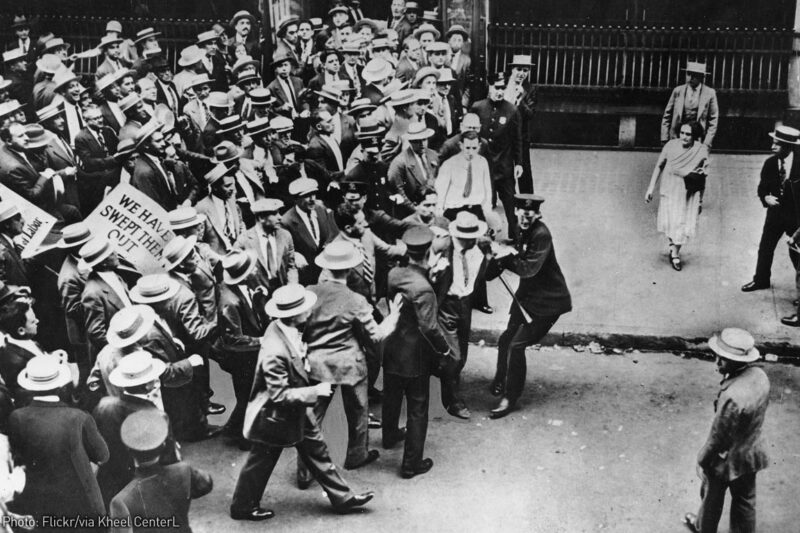 Police attempt to control a crowd in 1927 labor action