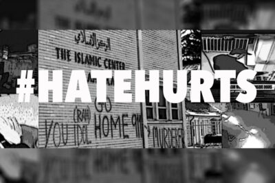 #HATEHURTS over image of an Islamic Center with graffiti on it