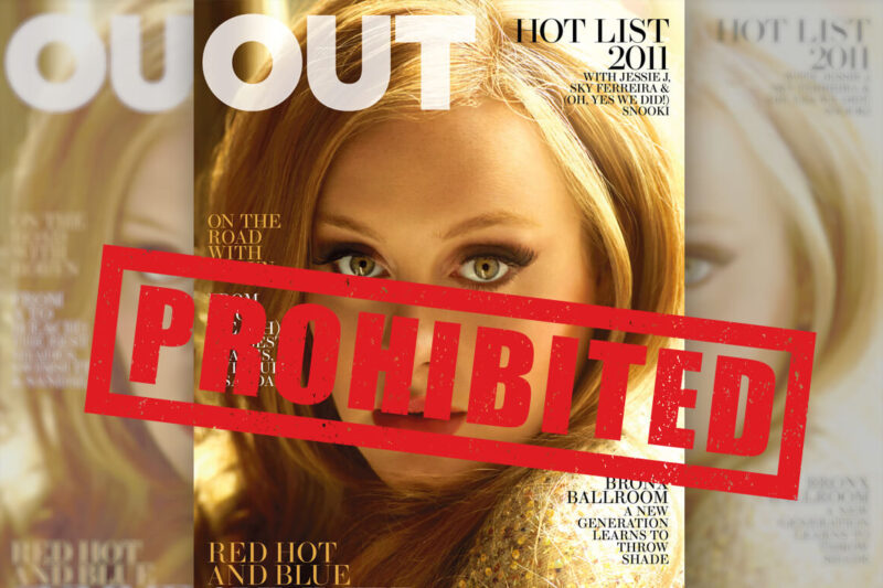 "Out" magazine with "Prohibited" stamp across the cover