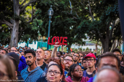 The crowd at a vigil for the victims on the shooting in Orlando on the steps of City Hall.