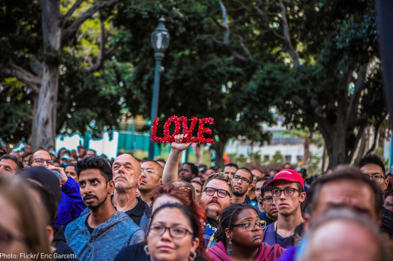 The crowd at a vigil for the victims on the shooting in Orlando on the steps of City Hall.