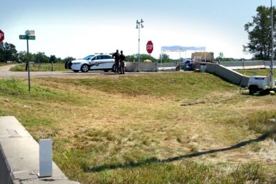 Police enforce a road barricade on a public highway that leads to the protest area and the Standing Rock Sioux Tribe’s reservation.