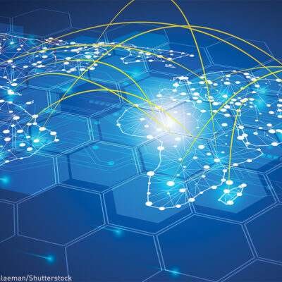 World map with lights connecting data points