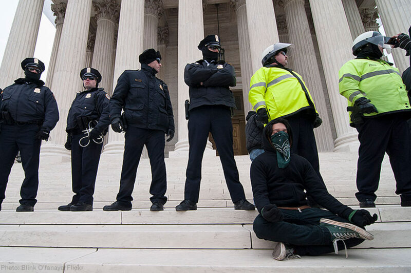 Police on steps of court