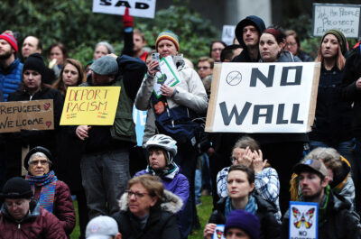 Protesters demonstrating against immigrant ban