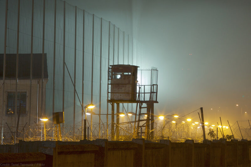 Prison exterior wall at night