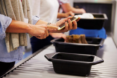 Hands hold a cellular telephone, with a security screening conveyor belt and other people in the background