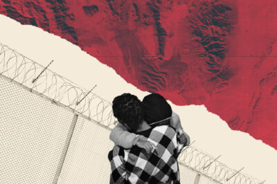 A collage of a black-and-white image of two people hugging, overlaying a beige and red background with a barbed wire gate behind the people. This image depicts the difficulties of family separation policies that have come from the Trump administration.