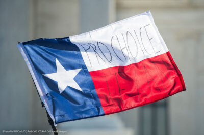 The flag of Texas with Pro Choice Texan written upon it