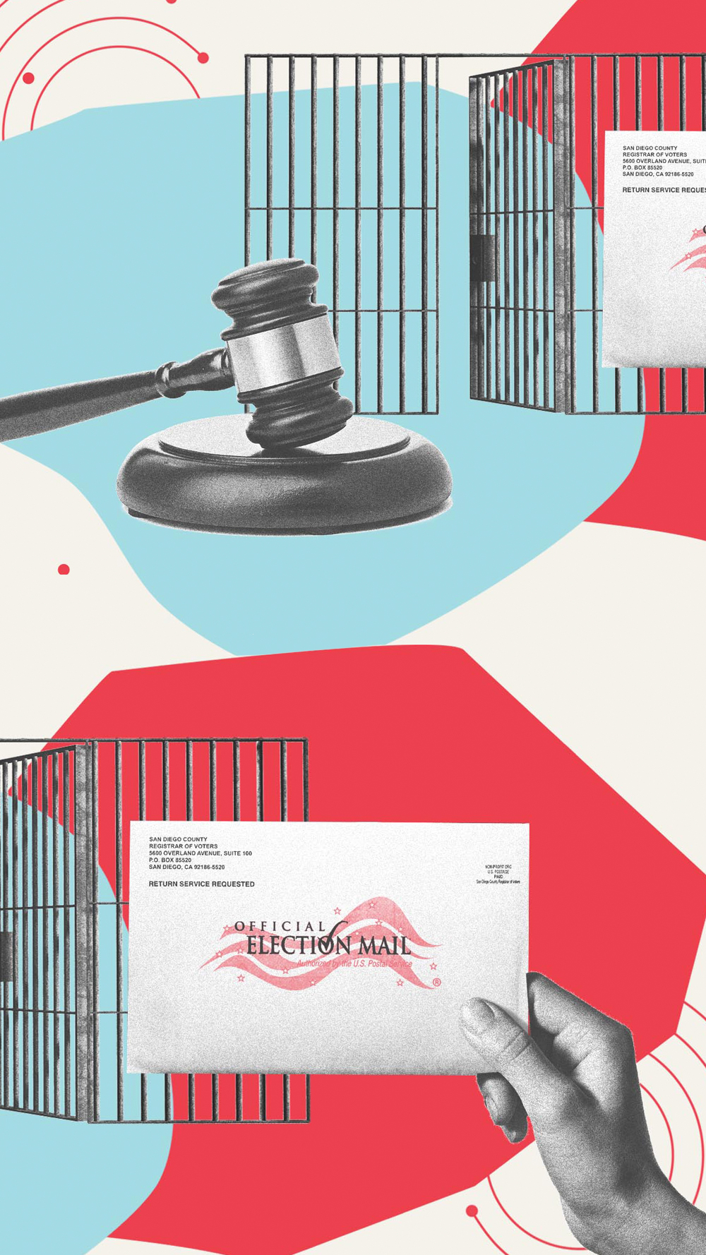 Collage by the ϰſ, picturing a judge's gavel, a voting mail envelope, and a cage.