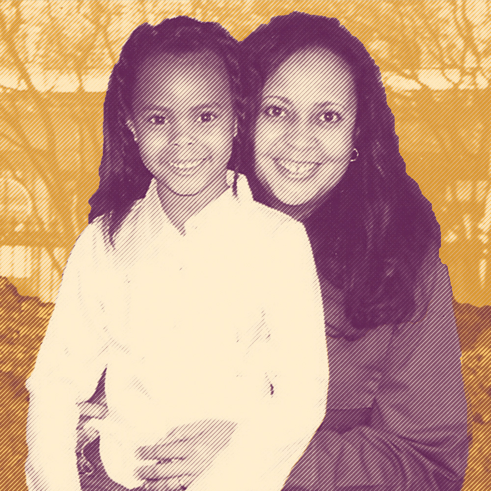 Mother and daughter reunited on yellow background