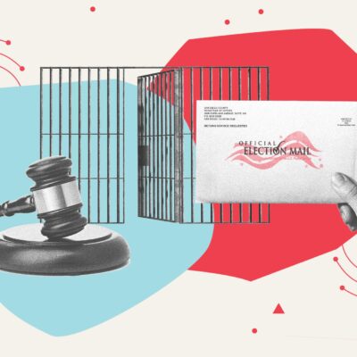 Collage by the ACLU, picturing a judge's gavel, a voting mail envelope, and a cage.