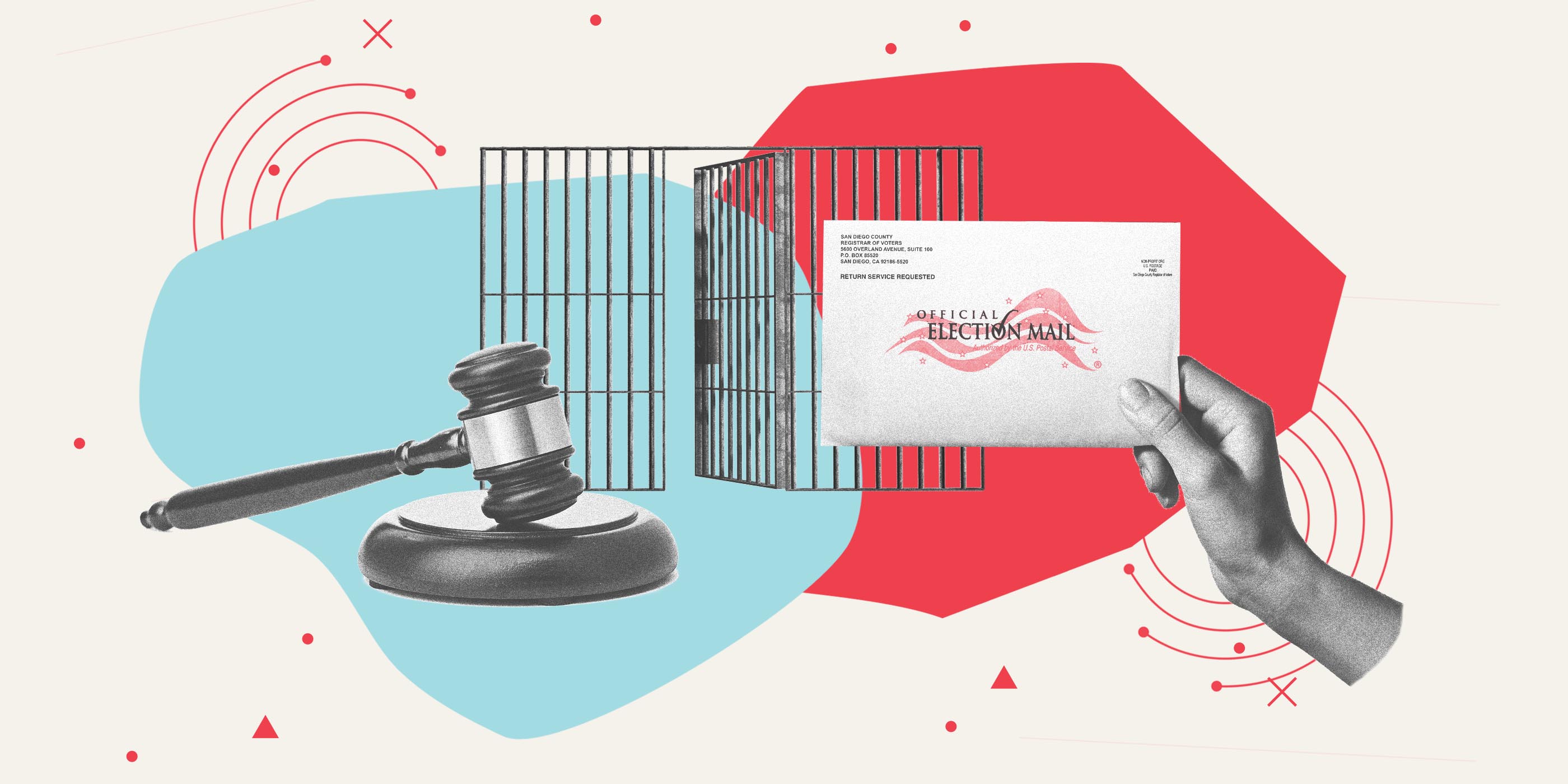 Collage by the ϰſ, picturing a judge's gavel, a voting mail envelope, and a cage.