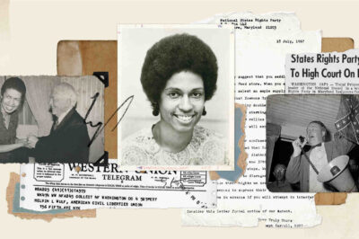 A collage of black and white photos and document clippings, including a portrait of Eleanor Holmes Norton