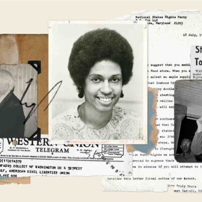A collage of black and white photos and document clippings, including a portrait of Eleanor Holmes Norton
