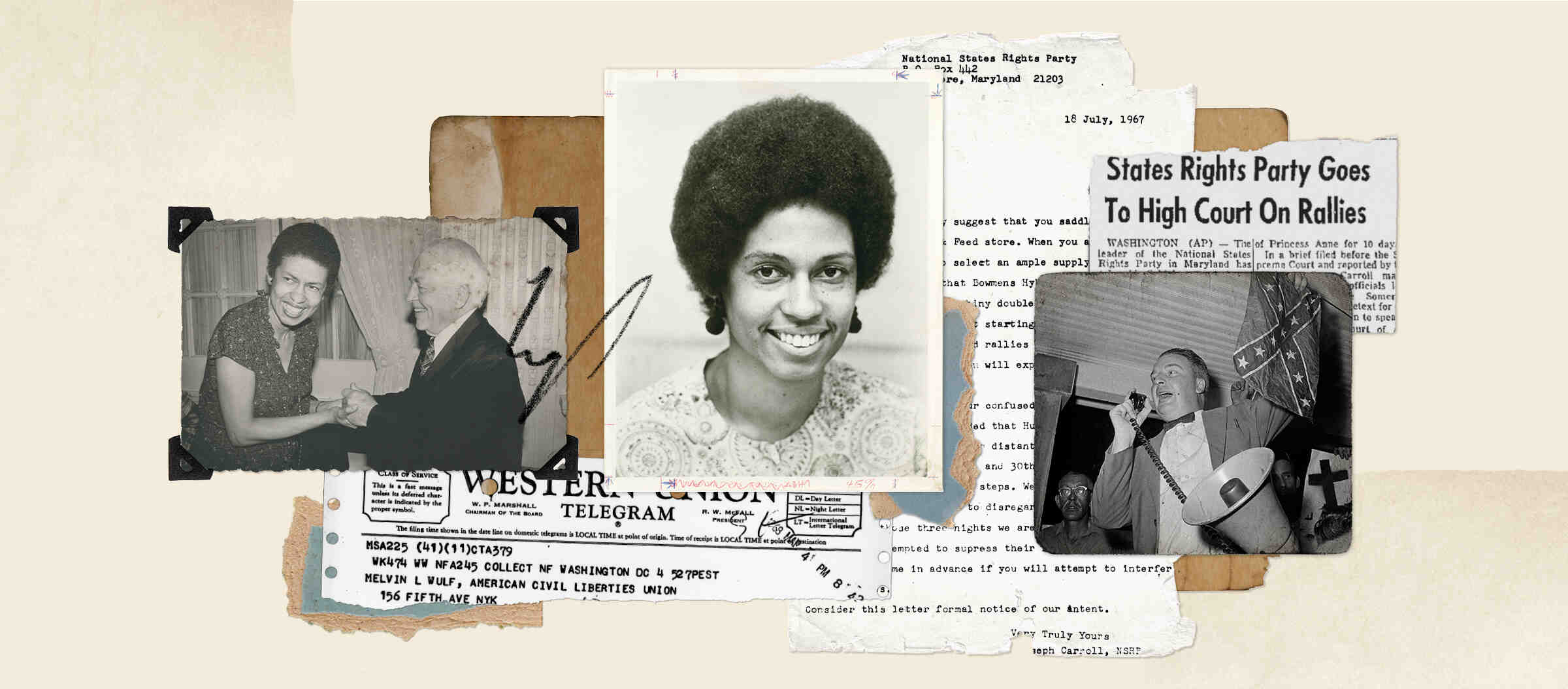 A collage of black and white photos and document clippings, including a portrait of Eleanor Holmes Norton