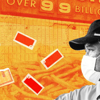 McDonalds worker wearing face mask on orange background.