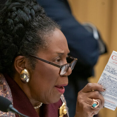 Rep. Sheila Jackson holds a pocket-size copy of The Constitution during a House committee hearing.