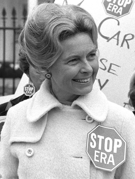 Phyllis Schafly wearing a "Stop Era" badge