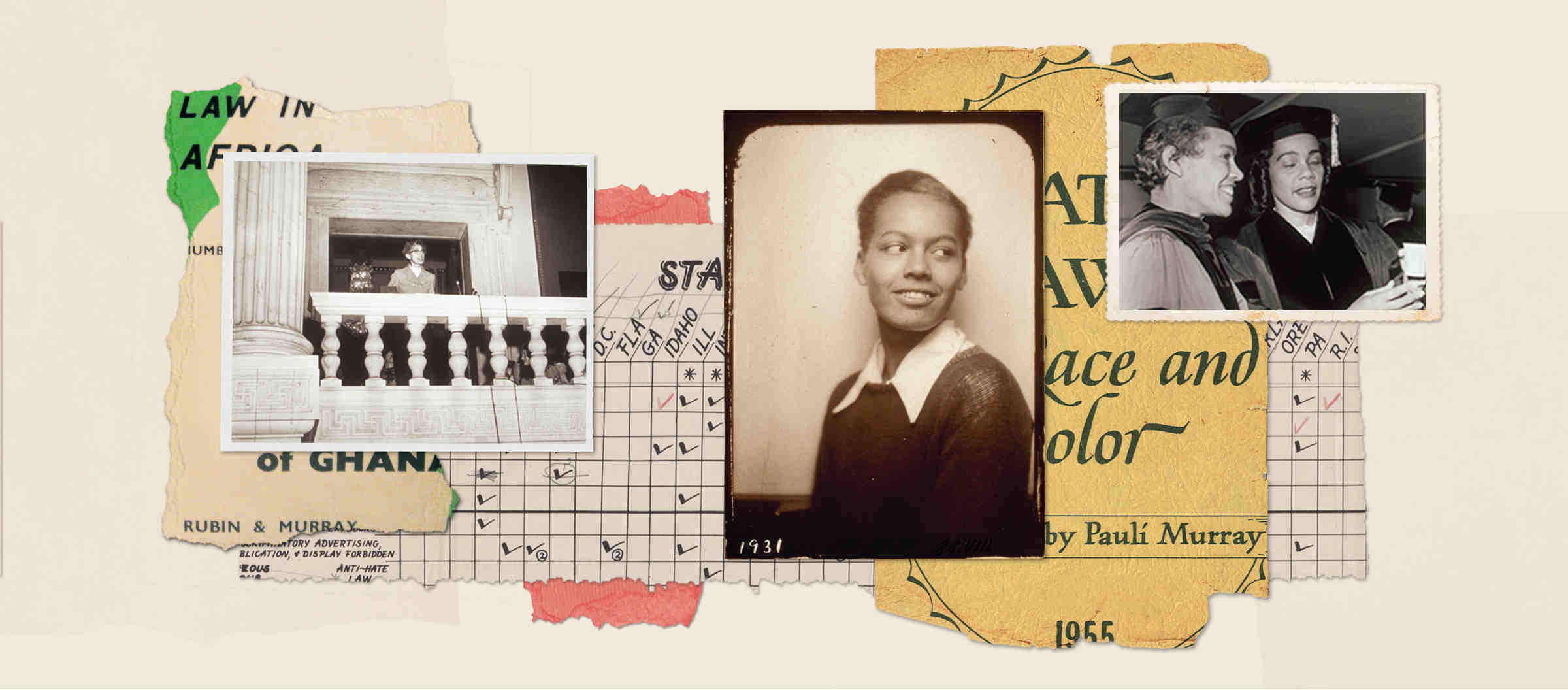 Historical collage of document clippings and photos of Pauli Murray