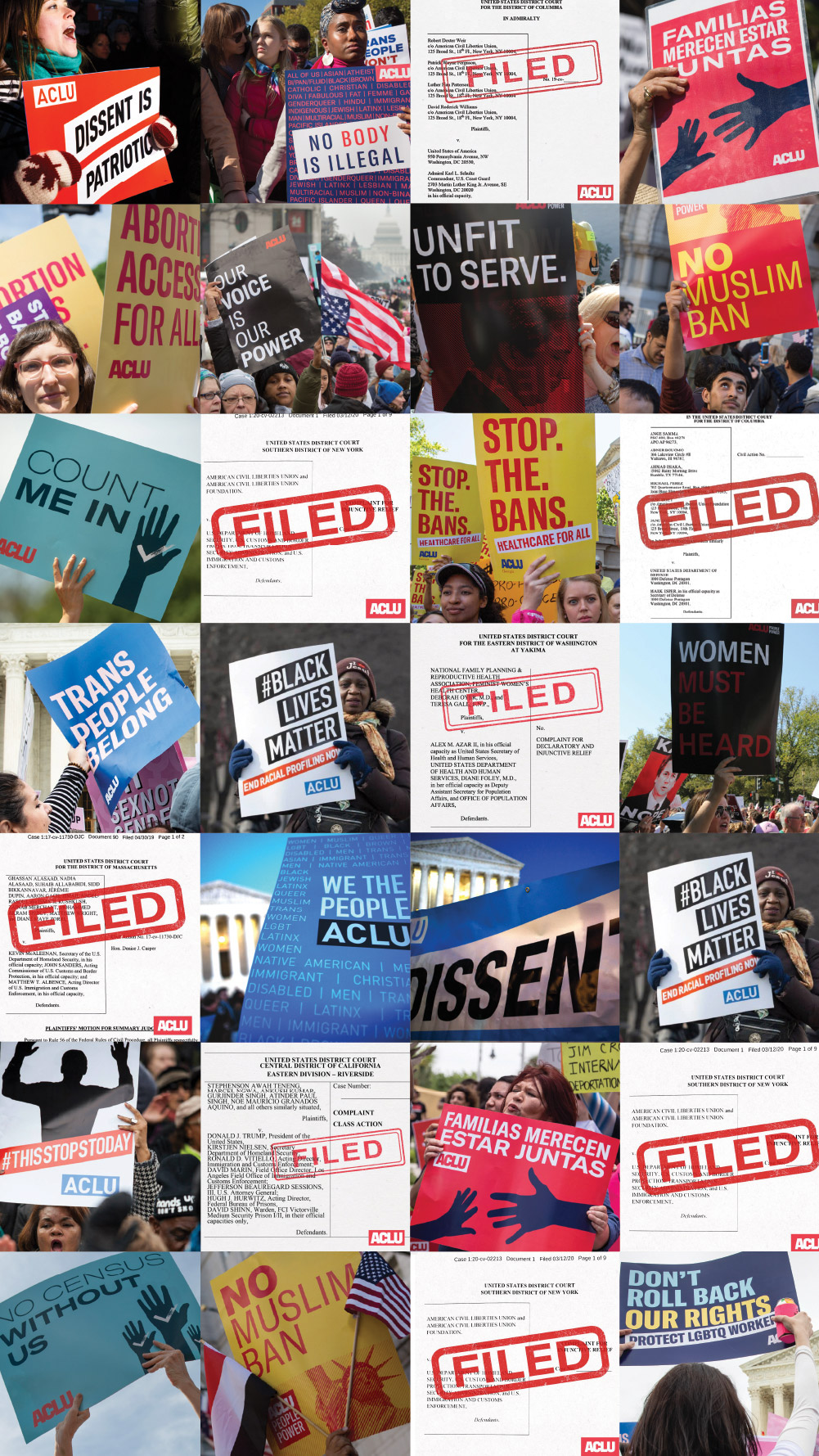 A collage of protest signs and legal filings.